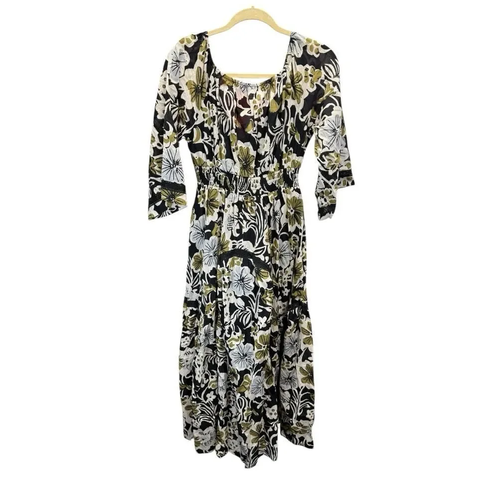 NWT Free People Dixie Floral Maxi Dress Black White Gold S 100% Cotton Boho Fall